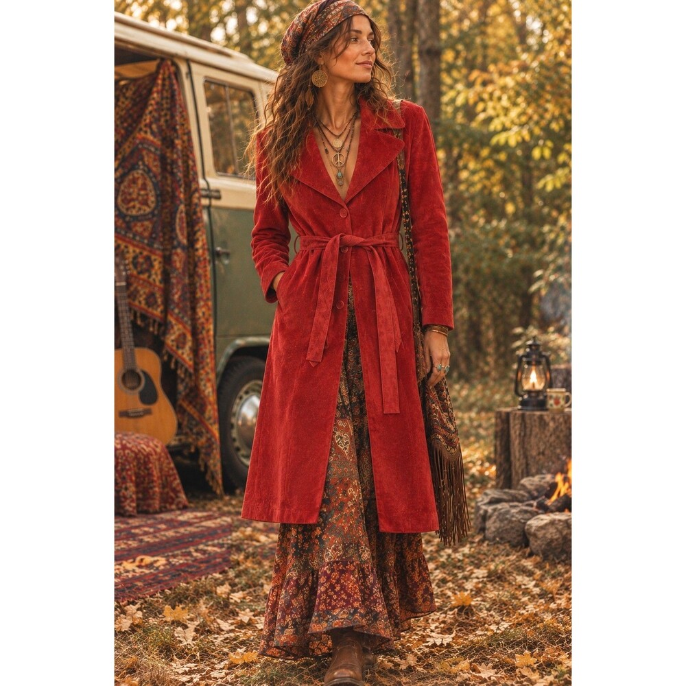 Vtg 90s XXI Forever 21 Tomato Red 100% Suede Belted Collared Trench Coat MEDIUM